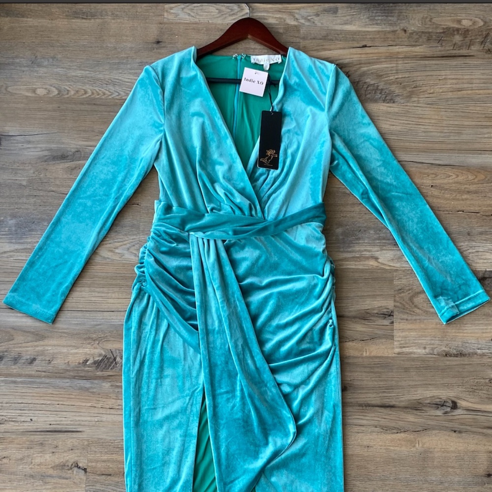 Teal Blue Green Velvet Long Sleeve Event Dress